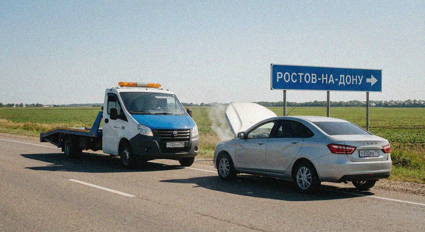 Эвакуатор оказывает техпомощь на трассе